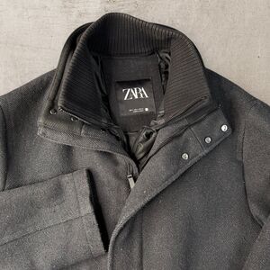 ZARA Wool Blend Double Collar Full Zip Over Coat Mens Large Jacket Lined Black